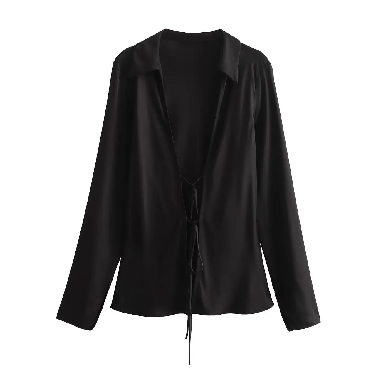 KONDALA Sexy Black Satin Bow Tie Shirts Women Long Sleeve V Neck Slim Blouses Fashion 2025 Autumn Elegant Silky Tops