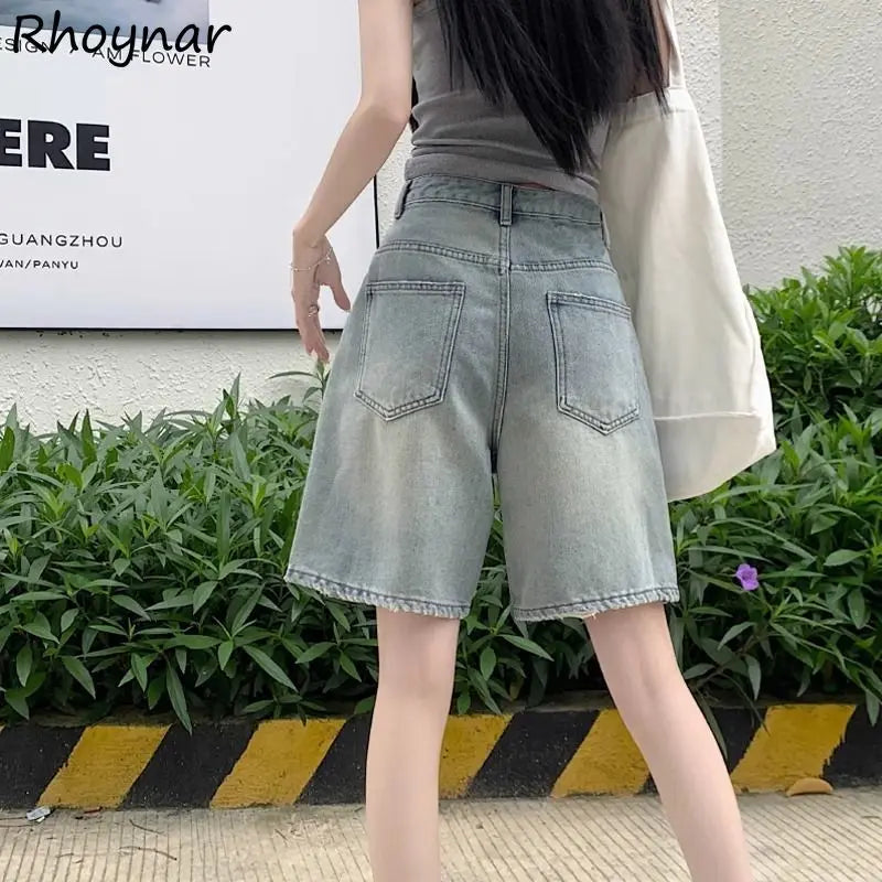 Denim Shorts Women Summer Loose Button Zipper Pockets Vintage Retro High Waist Korean Style Casual Cozy Solid Simple All-match