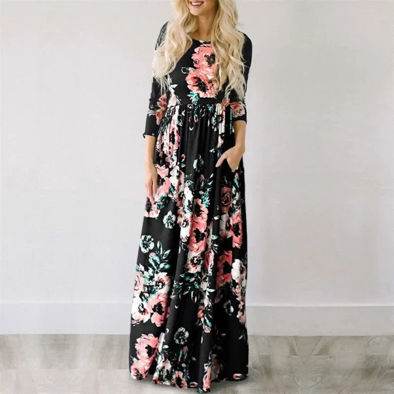 Women Summer Floral Print Maxi  2025 Loose White Boho Beach Dress Women Vintage Evening Party Long Dress Vestidos Female Robe