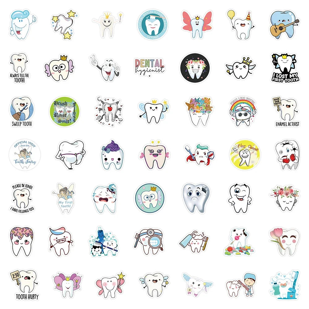 10/30/50pcs Funny Cute Cartoon Tooth Stickers Graffiti Decals Laptop Scrapbook Phone Suitcase Car Decoration Waterproof Sticker