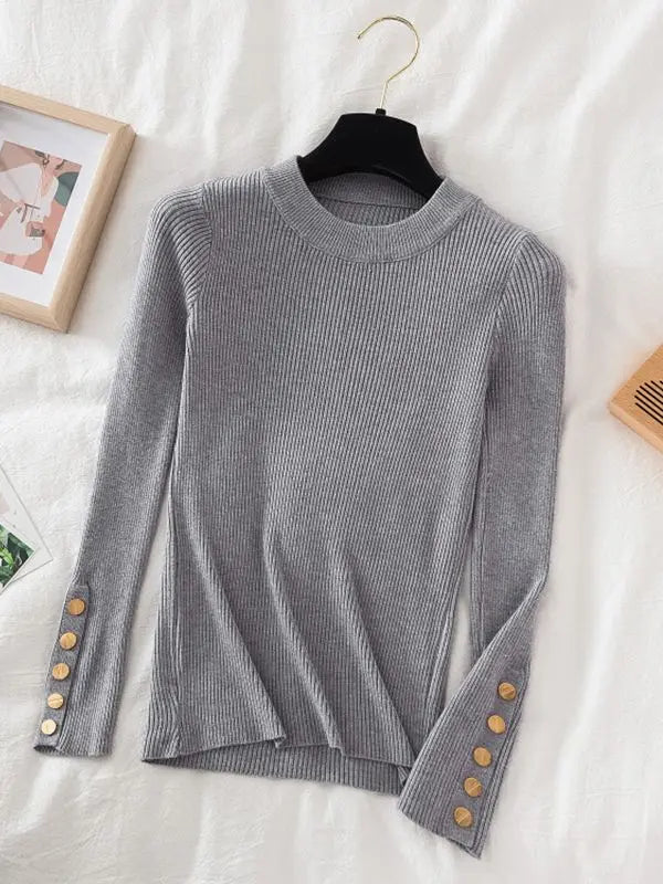 2026 women thick sweater pullovers khaki casual autumn winter button o-neck chic sweater female slim knit top soft jumper tops