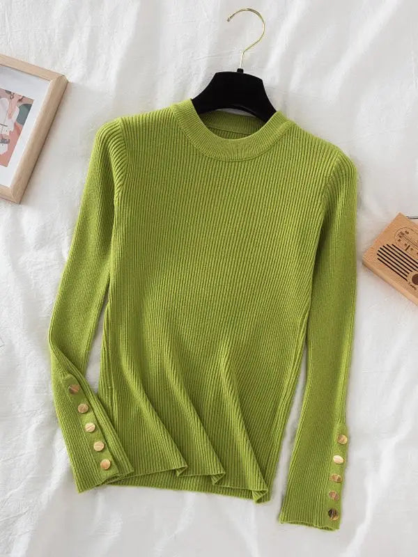 2026 women thick sweater pullovers khaki casual autumn winter button o-neck chic sweater female slim knit top soft jumper tops
