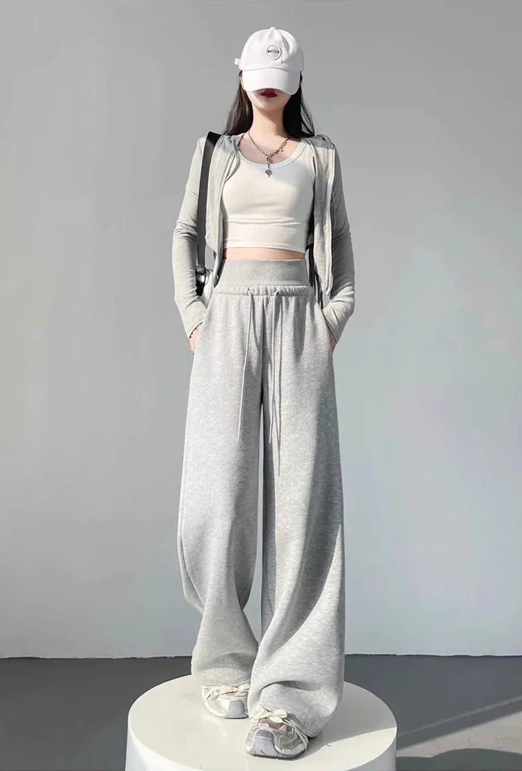 Women's gray sports high waist hanging loose slimming straight leg wide leg pants American sweatpants.