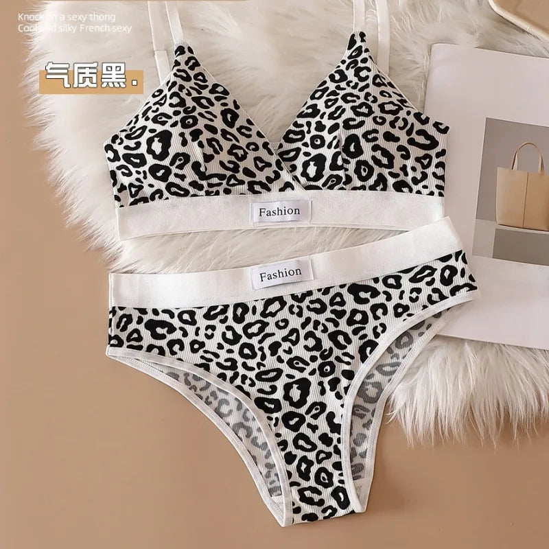 2025 Summer New Women's Leopard Print Traceless and Steel Rim Bra Adjustable Shoulder Strap Back Women's Underwear Set