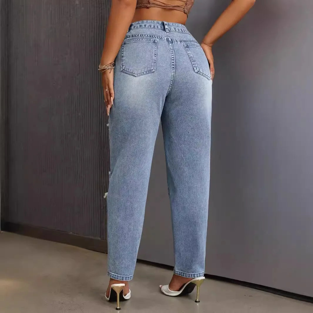 European American Fashion, Versatile Casual Washed Ripped Jeans, New Women's Spring and Summer Small Leg Pants. Nine-inch Jeans