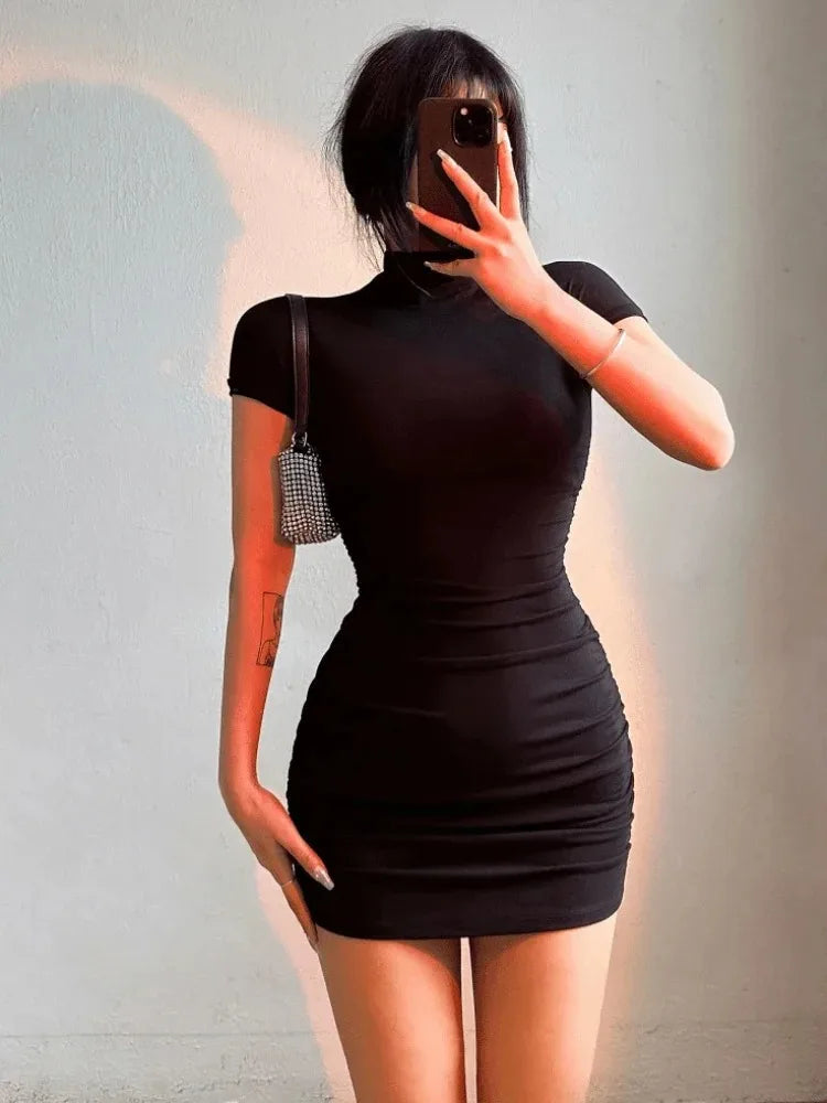 Sexy Tight Half High Collar Pleated Waist Mini Dress Spicy Girls Slim Dresses Bodycon Women Vestidos Cortos Party Mujer Clothin