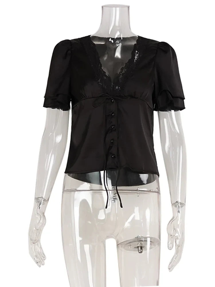 Ahagaga Causal Women Tops Solid Lace -Neck Short Sleeves Satin Slim Button Regular Eelgant Streetwear Tees Female Basic T Shirts