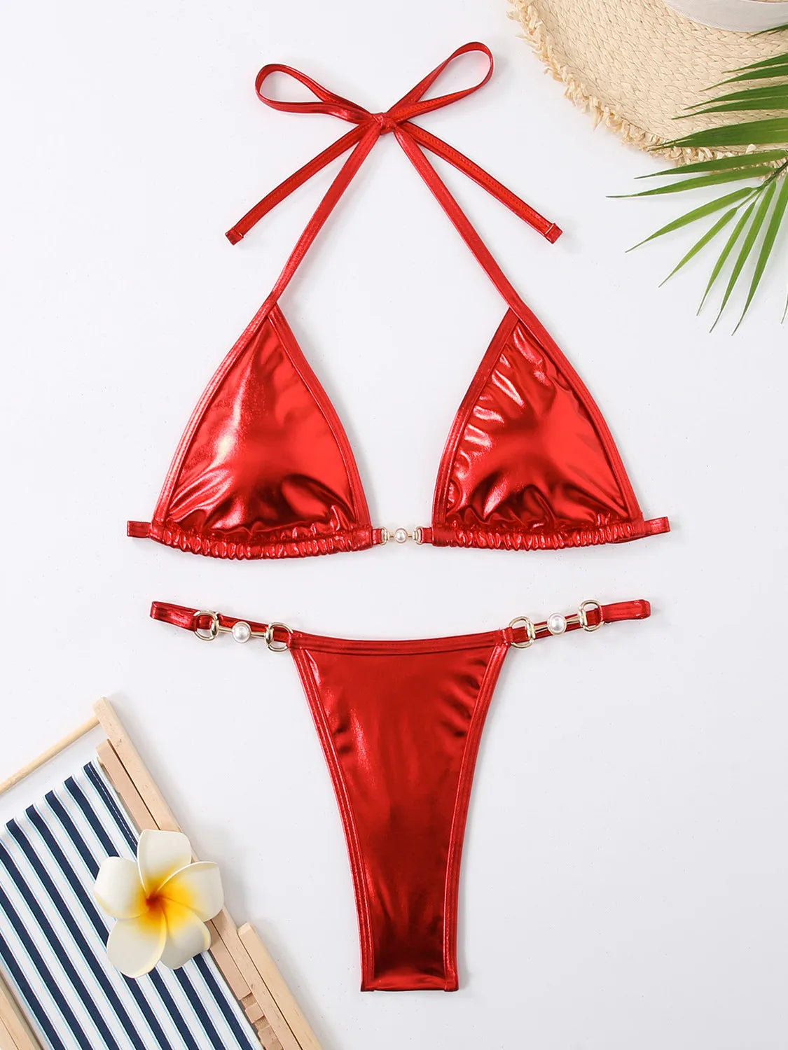 Shiny Pink Micro Bikini 2026 Mujer Women Sexy PU Pearls Push Up Thong Swimsuit Summer Bathing Suit Bandage Holiday Swimwear