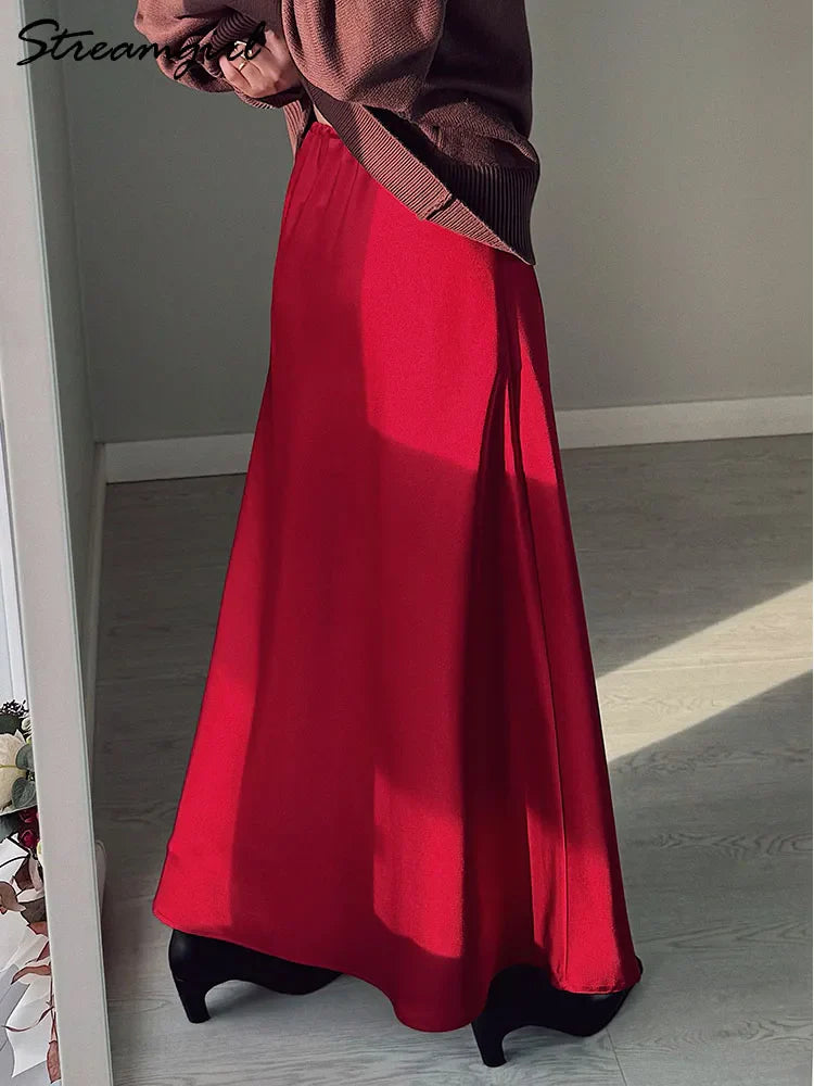 Long Satin Skirts Women Dark Green Luxury Spring Summer Maxi Straight Black Skirt Long Shining Satin Skirt Maxi Brown Ladies