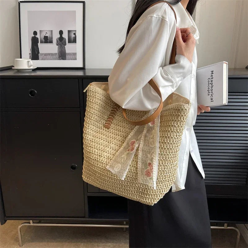 Summer Large Capacity Tote Bag Handmade Woven Shoulder Bag for Women Fresh Rural Style