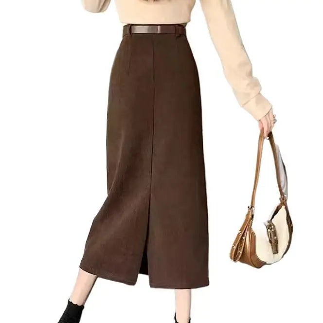 Retro Hong Kong Style Thickened Corduroy Solid Color Half-length Skirt Women's Autumn Winter Wraparound Skirt Mid-length Skirt