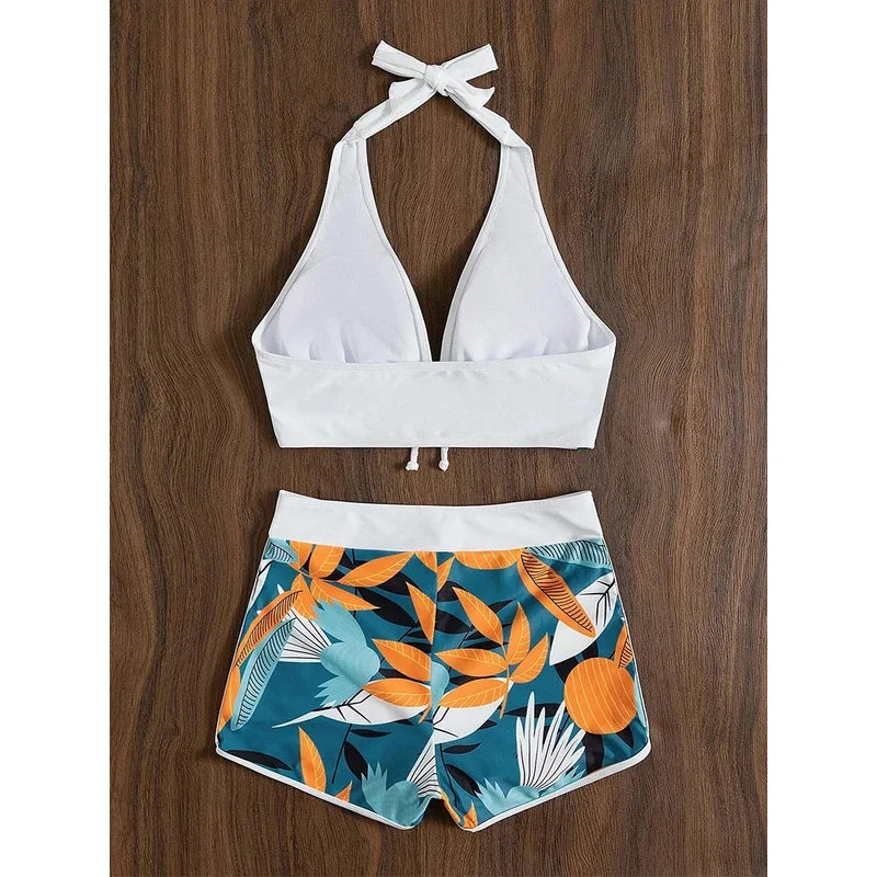 2023 Halter Bikini Set Short Swimsuit Women High Waist Swimwear Female Printed Bathers Swimming Bathing Swim Suit Beachwear