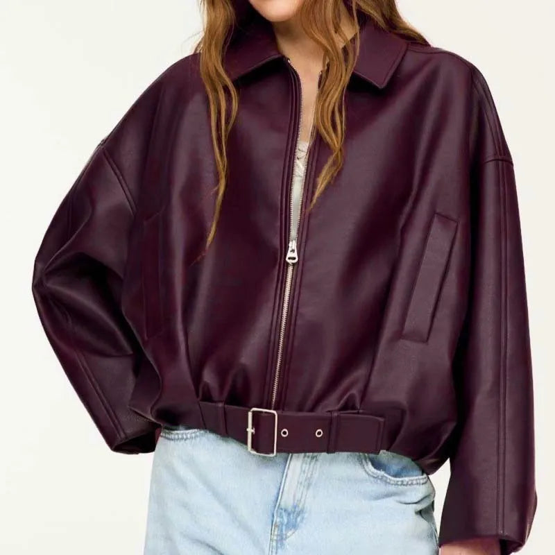 Vintage PU Leather Bomber Jackets 2025 Autumn New Ladies Zipper Lapel Long Sleeve Pocket Coat With Belt Women's Loose Streetwear