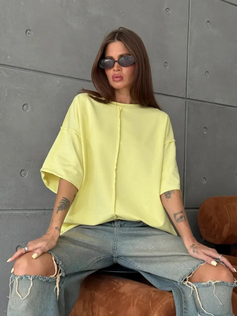 Hirsionsan Summer Casual Oversized T-shirts Women 100% Cotton Pink Loose Tees 2025 New Cusual Solid O Neck Female Aesthetic Tops