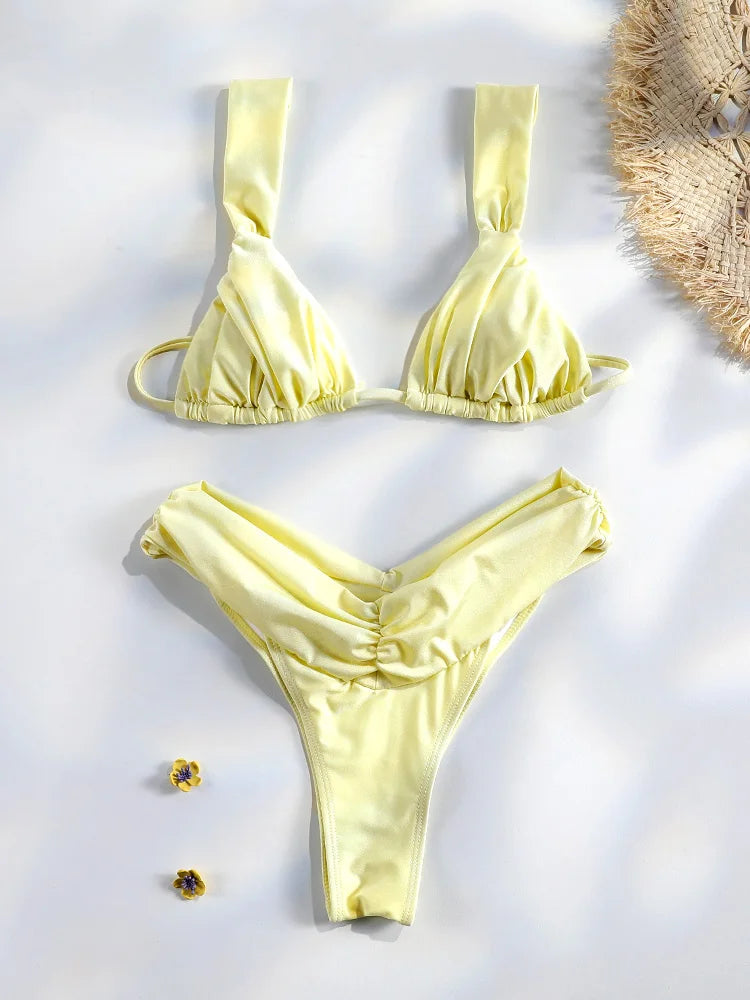 Sexy Folds Bikini Set Solid Micro Bikinis Women Swimsuit Female Triangle Swimwear Beach Wear Bathing Suit