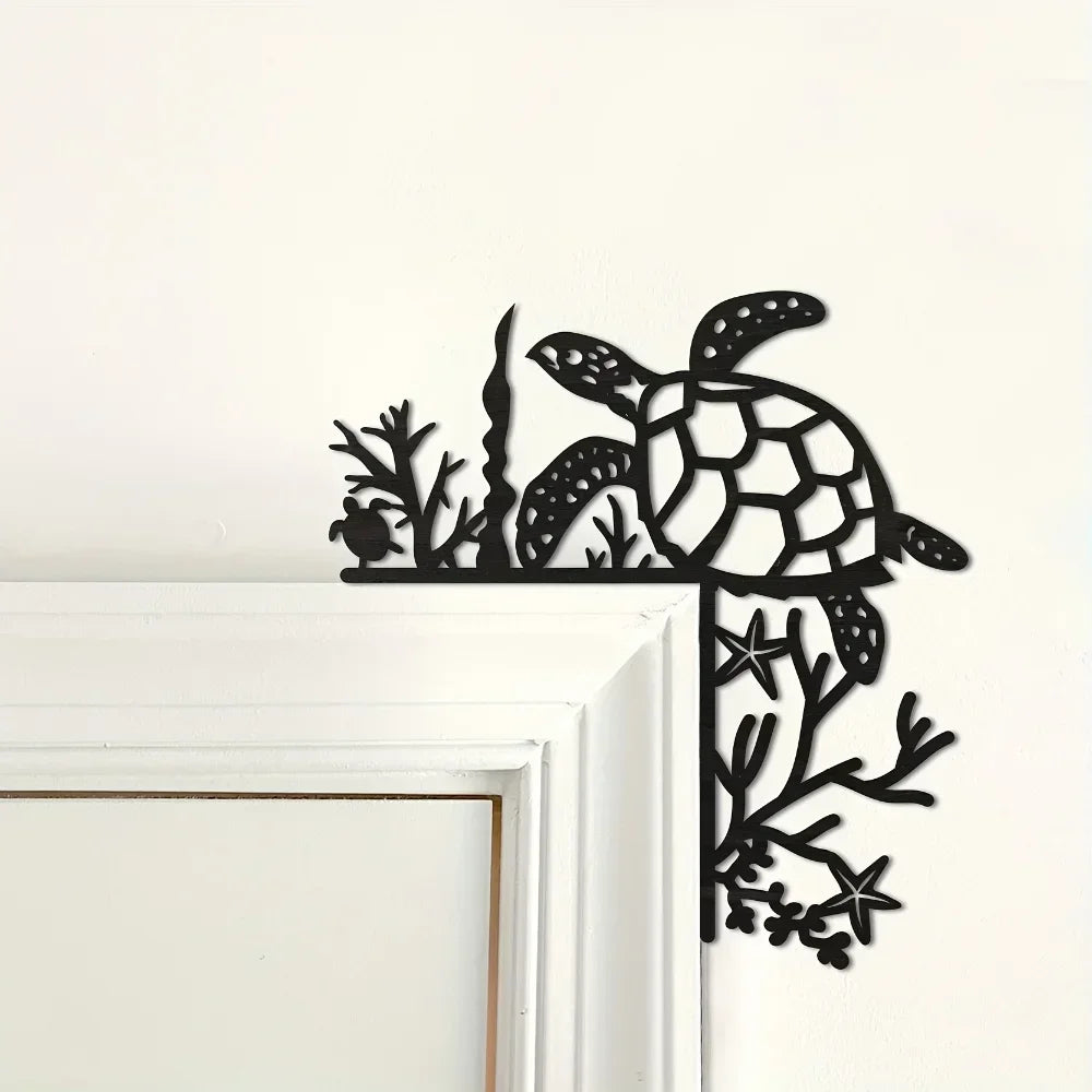 Black Metal Marine Animal Door Frame Decor - Turtle, Dolphin, Octopus, Seahorse & Starfish Patterns, Nautical Coastal Wall Art