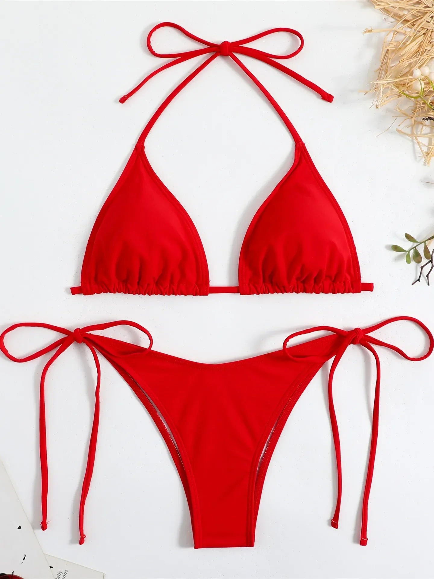 Sexy Brown Bikini 2026 Women Solid Red Halter Push Up Bra Tie Side Triangle Swimsuit Summer Bathing Suit Lace Up Micro Swimwear