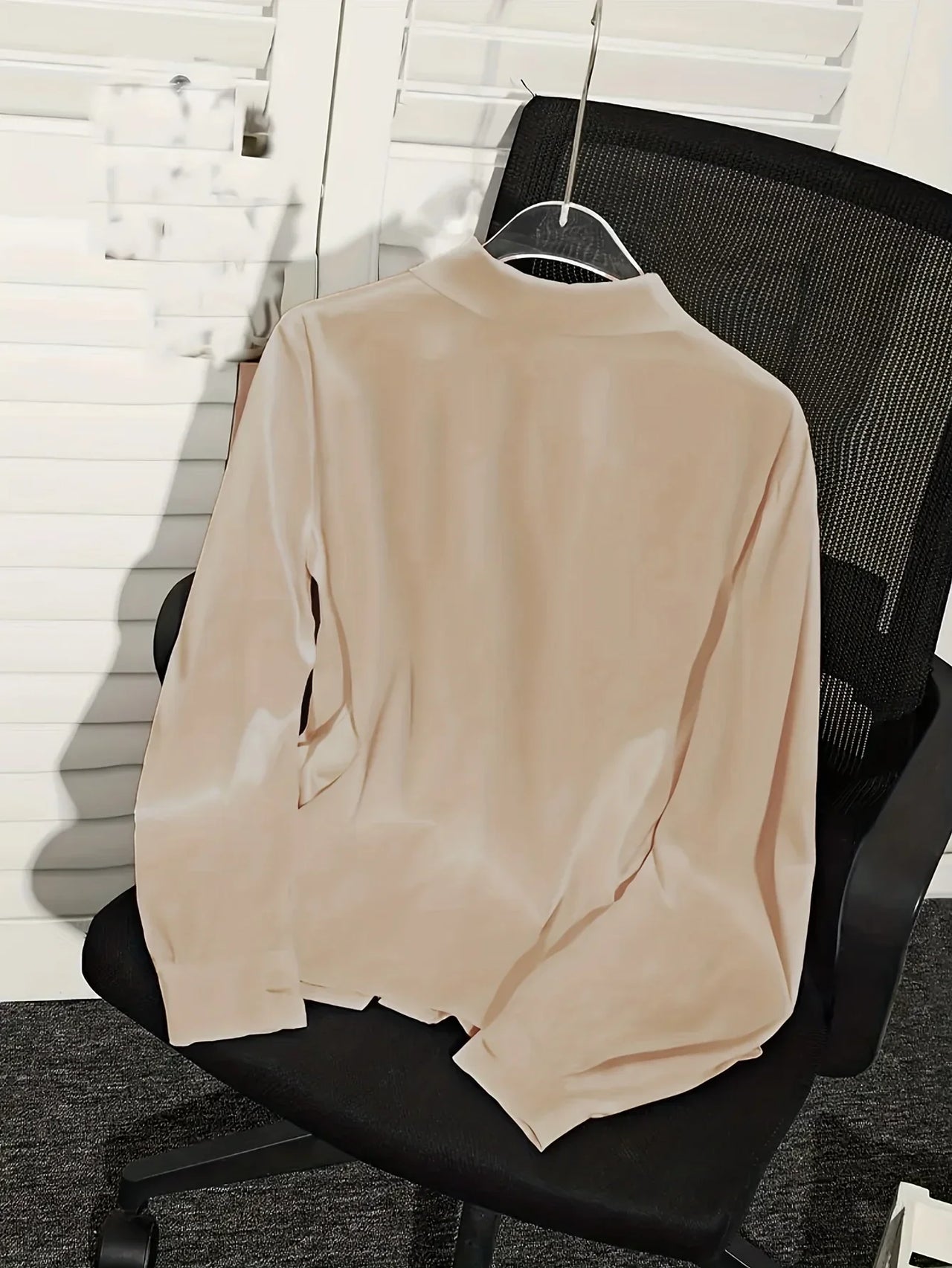 Spring and Autumn Plus-Size Long-Sleeved Satin Shirt, Round Neck with Pleated Draped Collar, Elegant and Stylish Office and Outdoor Wear Top
