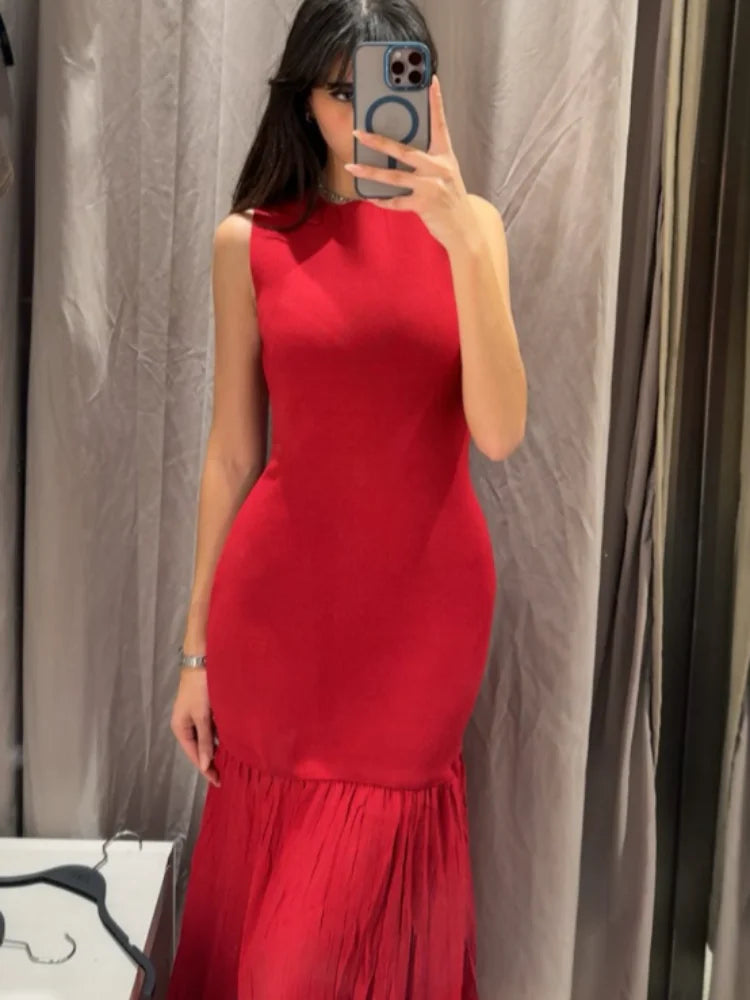 2025 Chic Splicing Brown Half Sleeve Maxi Dress Women's Casual Pleated A-line Slim Vestidos Female Office Commute Street Robes