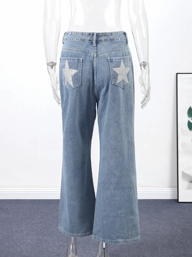 Trendy Women's Denim Jeans Pant High Waist Baggy Pants With Bead Studs Y2K Style High Street Jeans Female Casual Chic Trousers