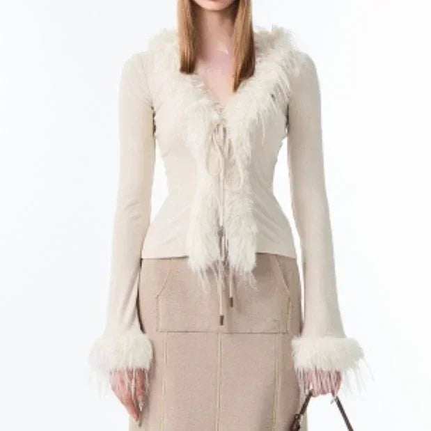 Y2k Aesthetic V-neck Jacket Women Korean Sexy Fashion Cardigan  Harajuku Vintage Bandage Fur Patchwork Coat 2024 Spring Chic