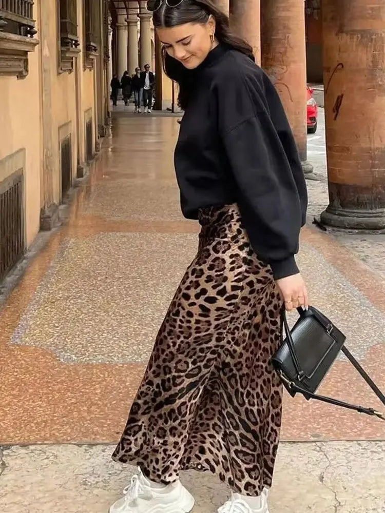 HH Women Fashion Leopard Print Skirt Vintage High Waist Midi Skirts Elegant Women Summer Casual Streetwear Skirt