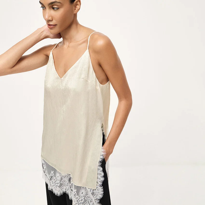 Linad Elegant Satin Apricot Spaghetti Strap Camisole Street Chic Lace Split Vest Female Casual Silk Tops Women 2025 Summer Pink