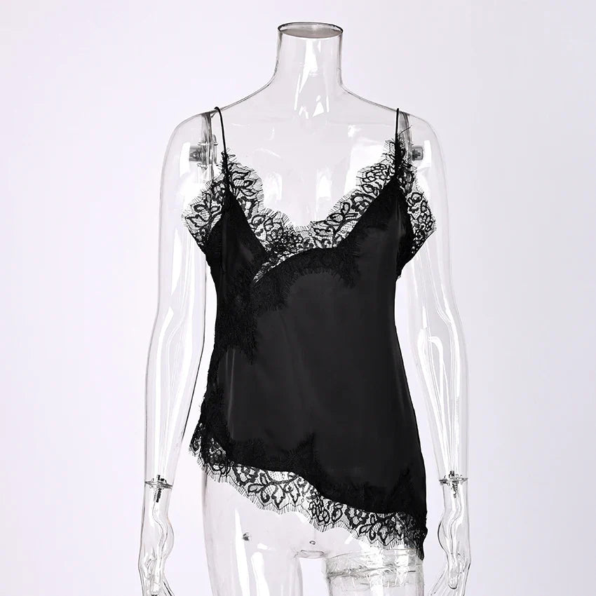 Linad Sexy Black Backless Lace Camisole Women Street Chic Spaghetti Strap Tops Female Casual Patchwork Silk Vest Female 2025