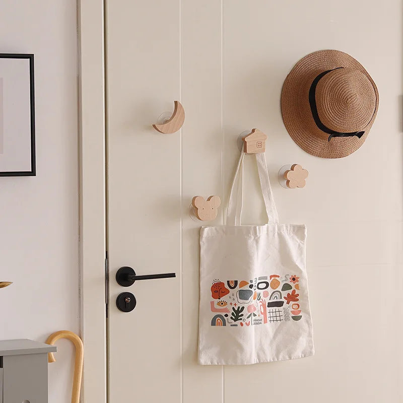 Star Moon wooden decoration Hooks Cute Cartoon animal adhesive wall omnipotent Hooks key holder for the wall home and decoration