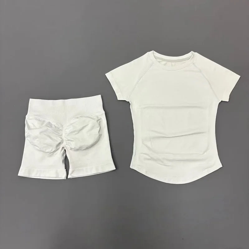2 Pcs HISTELLO Sports Gym Sets Short Sleeve Seamless Yoga Clothing Fitness Set Women Workout Running Sports Short Leggings Suit