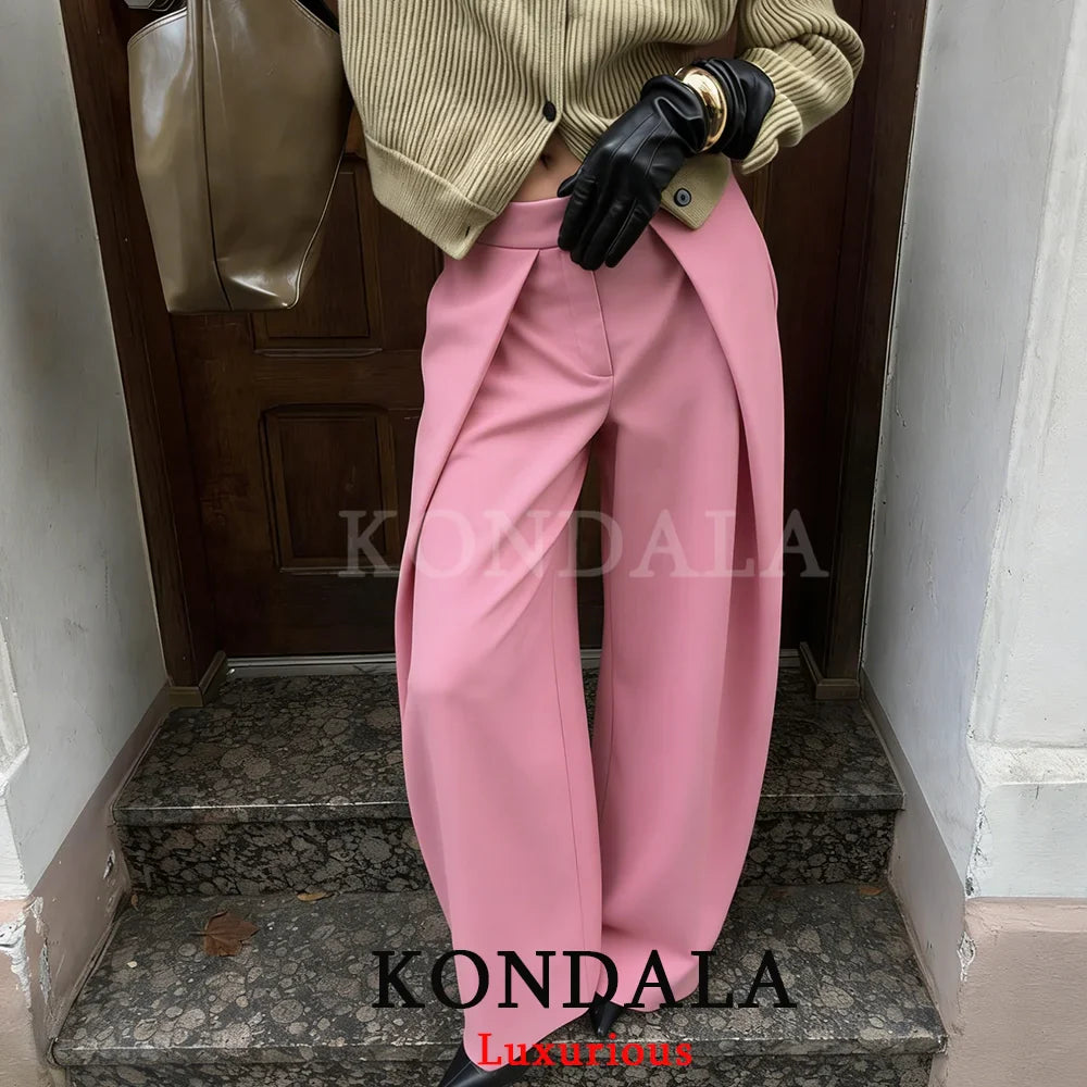 KONDALA Casual Chic Wide Leg Pants Women Office Lady Pockets Pleated Long Trousers Fashion 2026 Spring Summer Streetwear Pants