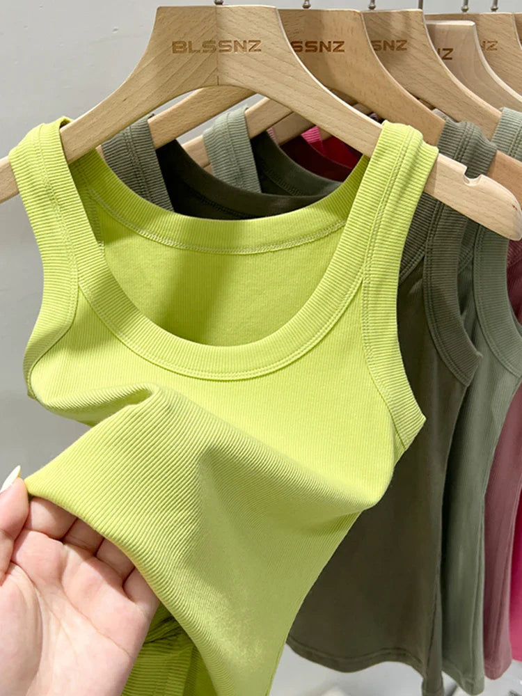 zjaiss Women Solid Round Neck Ribbed Tank Top Camisole Women 2026 Summer Basic Elastic Tank Top O Neck Solid Tank Top