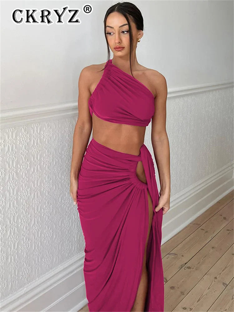 Ladies Summer 2 Pieces Set Women Sleeveless Backless Strap Spit Crop Top Side Slit Slim Long Skirt Evening Party Club Streetwear