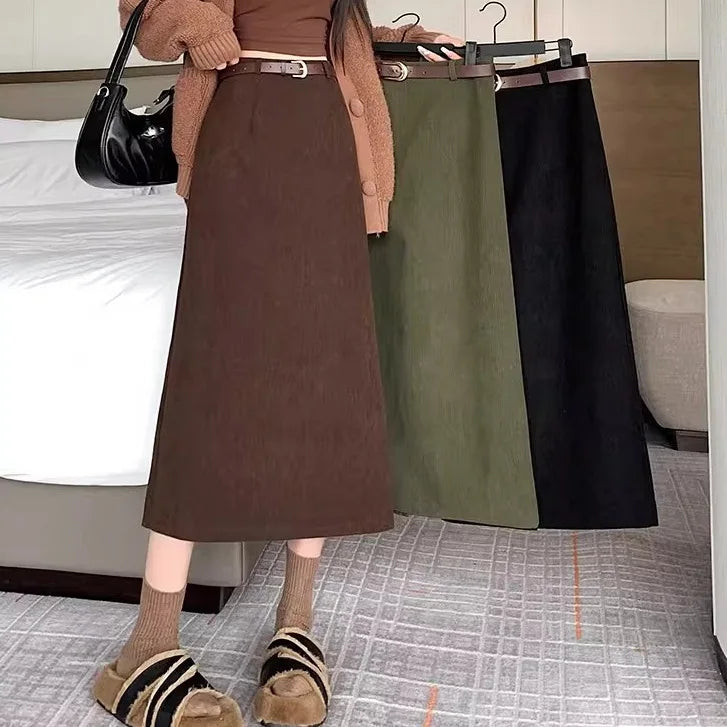 Retro Hong Kong Style Thickened Corduroy Solid Color Half-length Skirt Women's Autumn Winter Wraparound Skirt Mid-length Skirt