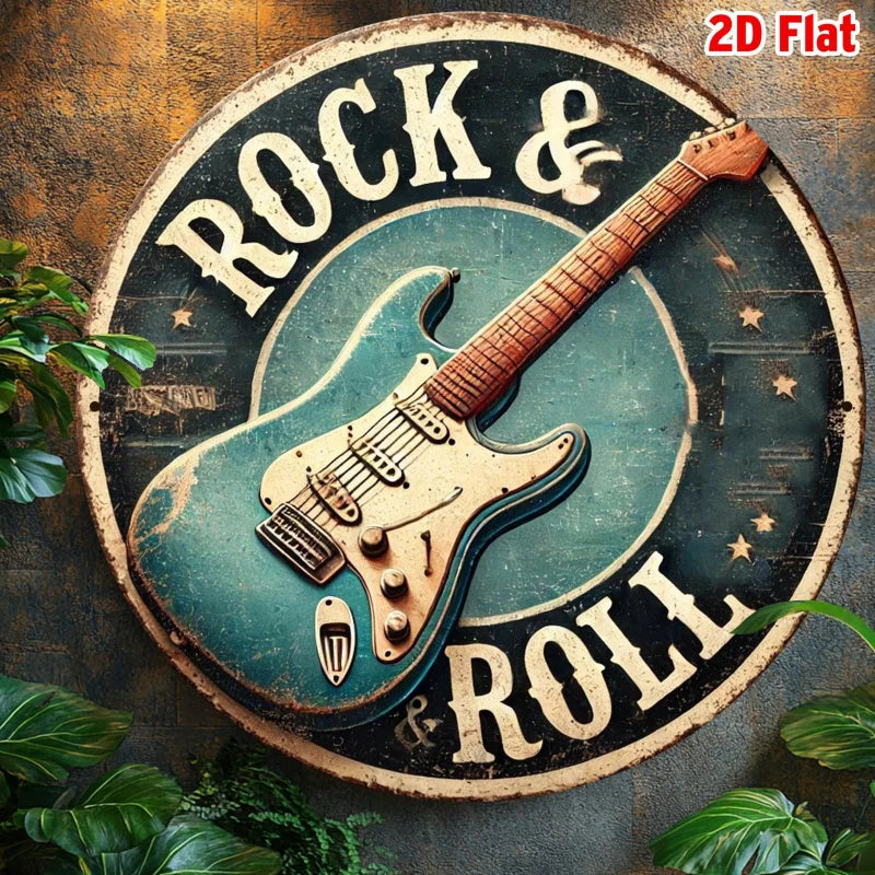 2D FLAT 1pc, Round Rock & Roll Guitar Themed Aluminum Metal Tin Sign, Foil Engraved Wall Art Decor for Home & Office