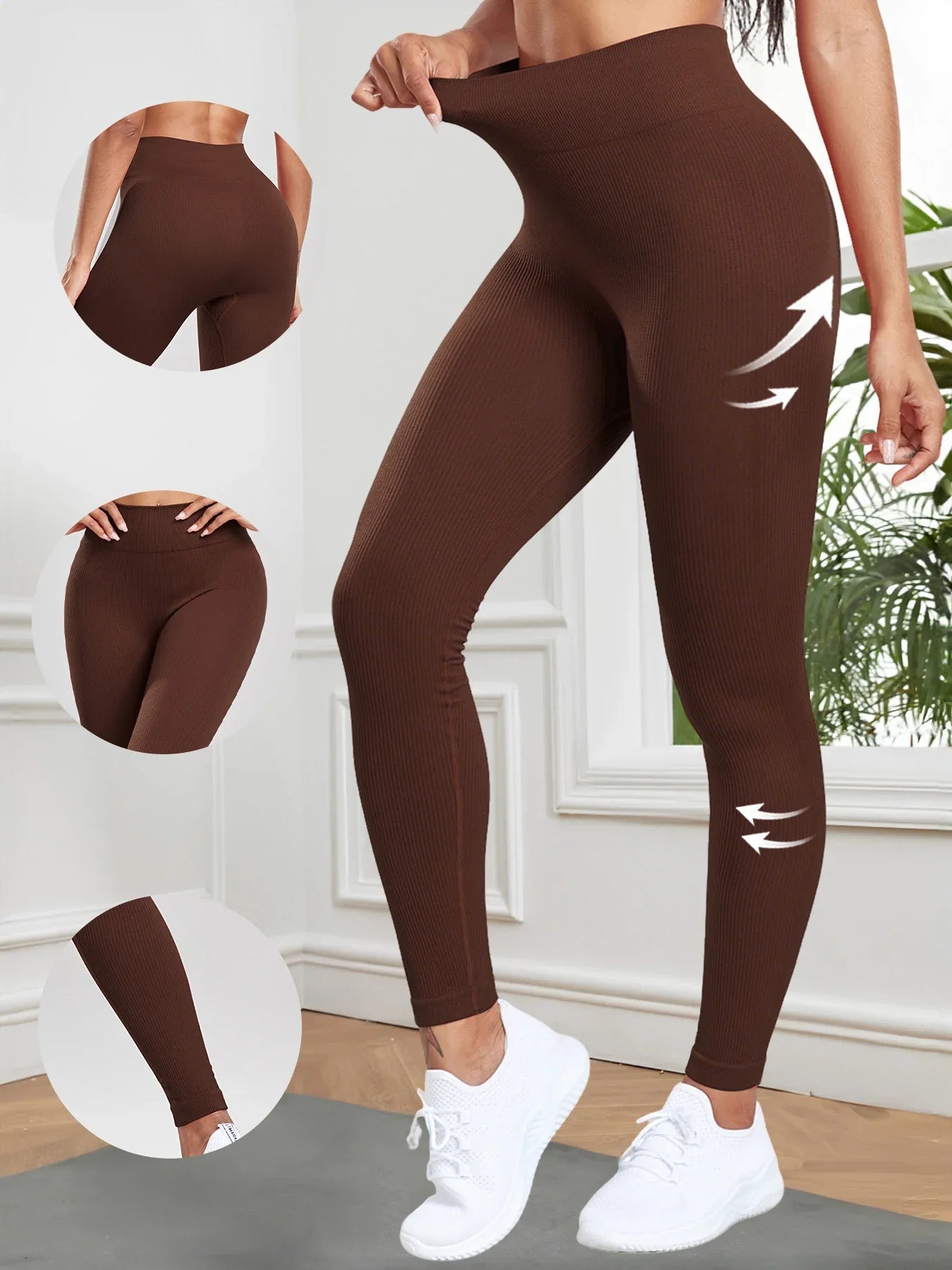 Women Seamless Ribbed Leggings High Waist Butt Lifting Workout Tights Solid Color Simple Fitness Pants Casual Clothing