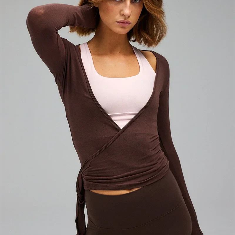 Women Cross Wrap Tie Crop Tops Yoga Shirts Long Sleeve Deep V Neck Solid Color Slim Fit Shirts Ladies Yoga Workout Blouses Tees