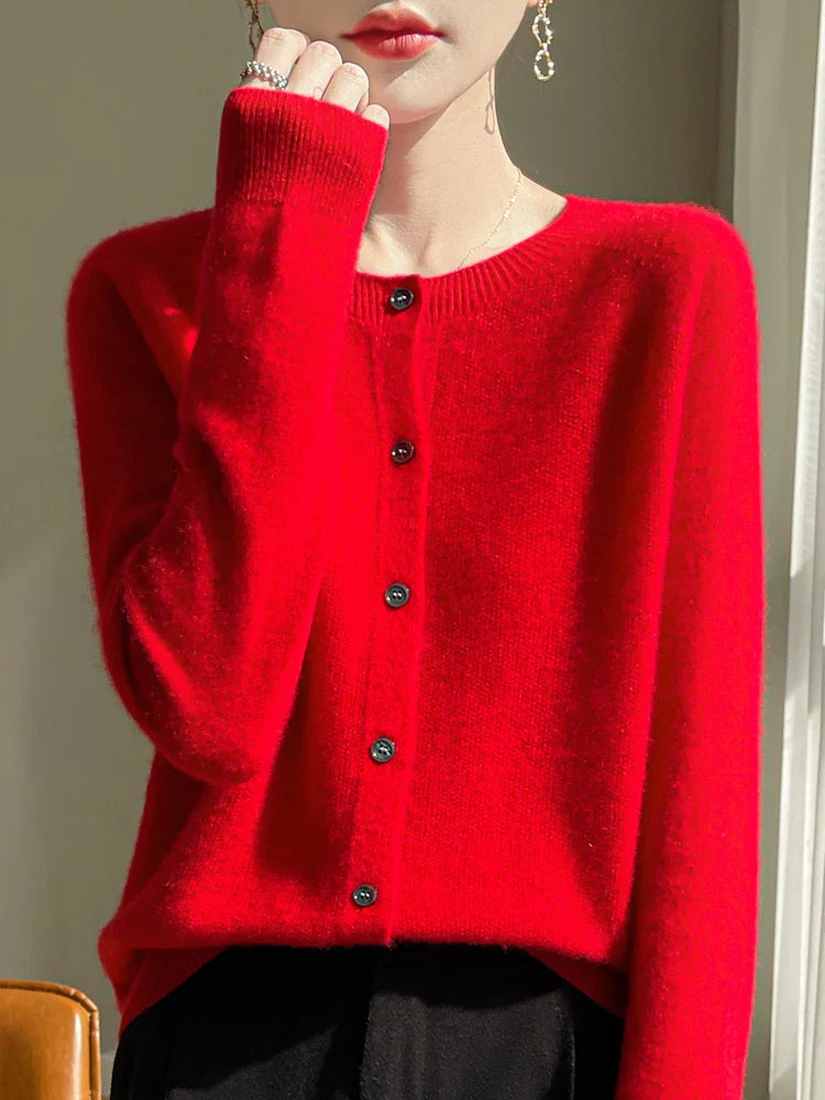 Women 100% Merino Wool Cardigan Soft O-Neck Cashmere Sweater OL Buttoned Knitwear Casual Top Clothing Korean Style