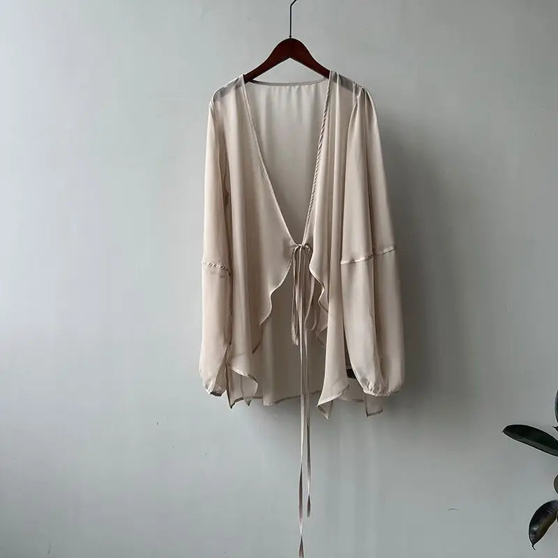 Shirts Women V-neck Loose Long Sleeve Open Stitch Korean Style Lace-up Simple Solid Summer Chiffon Breathable Minimalist Stylish