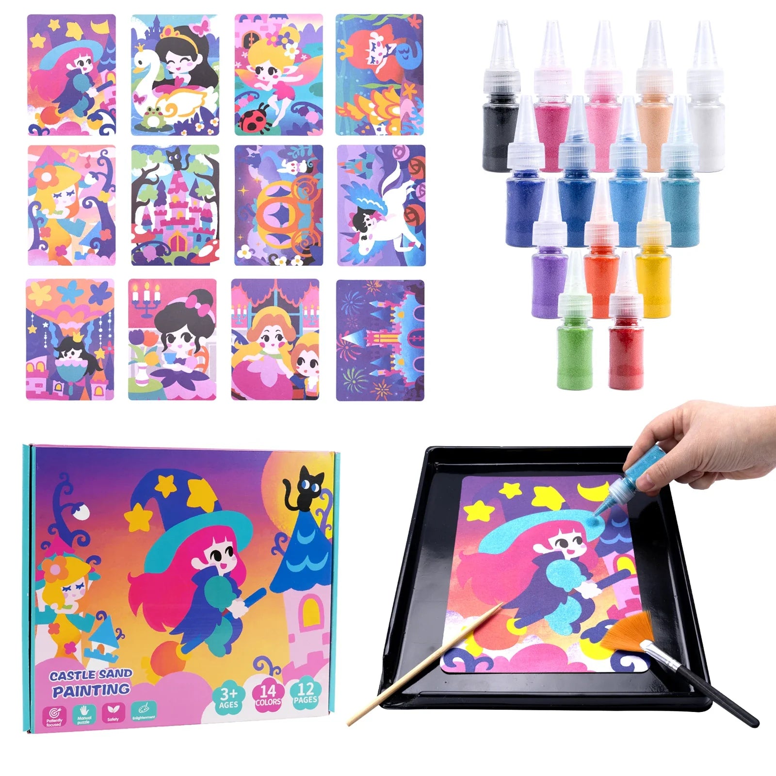 Sand Art Kit DIY Sand Painting Craft 14 Color 12 Princess Sand Painting Cards Montessori Toys Educational Toys for Kids Gifts