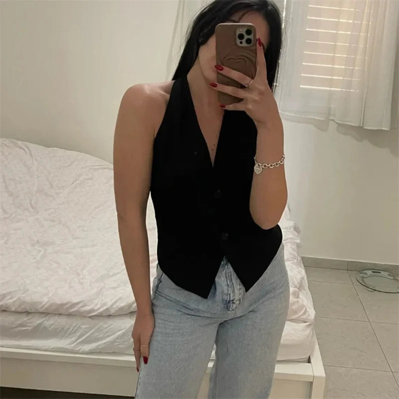 MUJER Off Shoulder Sleeveless Vest Women Black White Cropped Vest Woman Fashion Backless V Neck Short Coats Summer Waistcoat