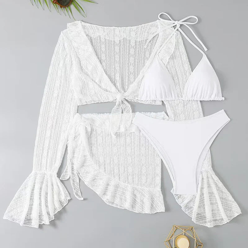2026 Sexy Four-piece Women Swimsuit Long-sleeve Cover-up Swimwear Summer Solid Bikini Set Brazilian Beachwear Party bathing suit