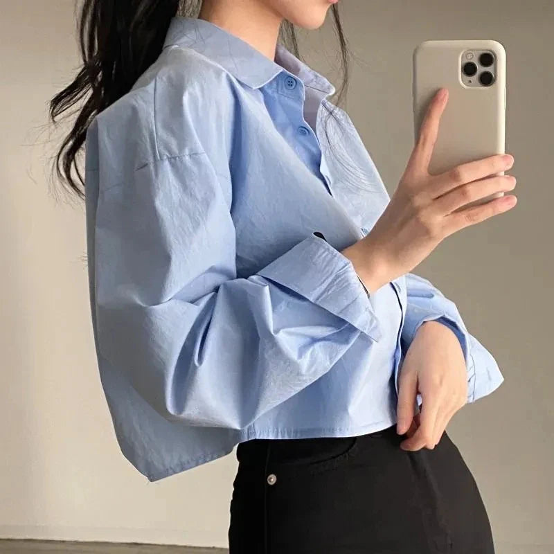 Zadily 2023 Spring New Casual Long Sleeve Women White Shirt Korea Style Solid Button Split Woman Crop Tops Blouse Party Clothing