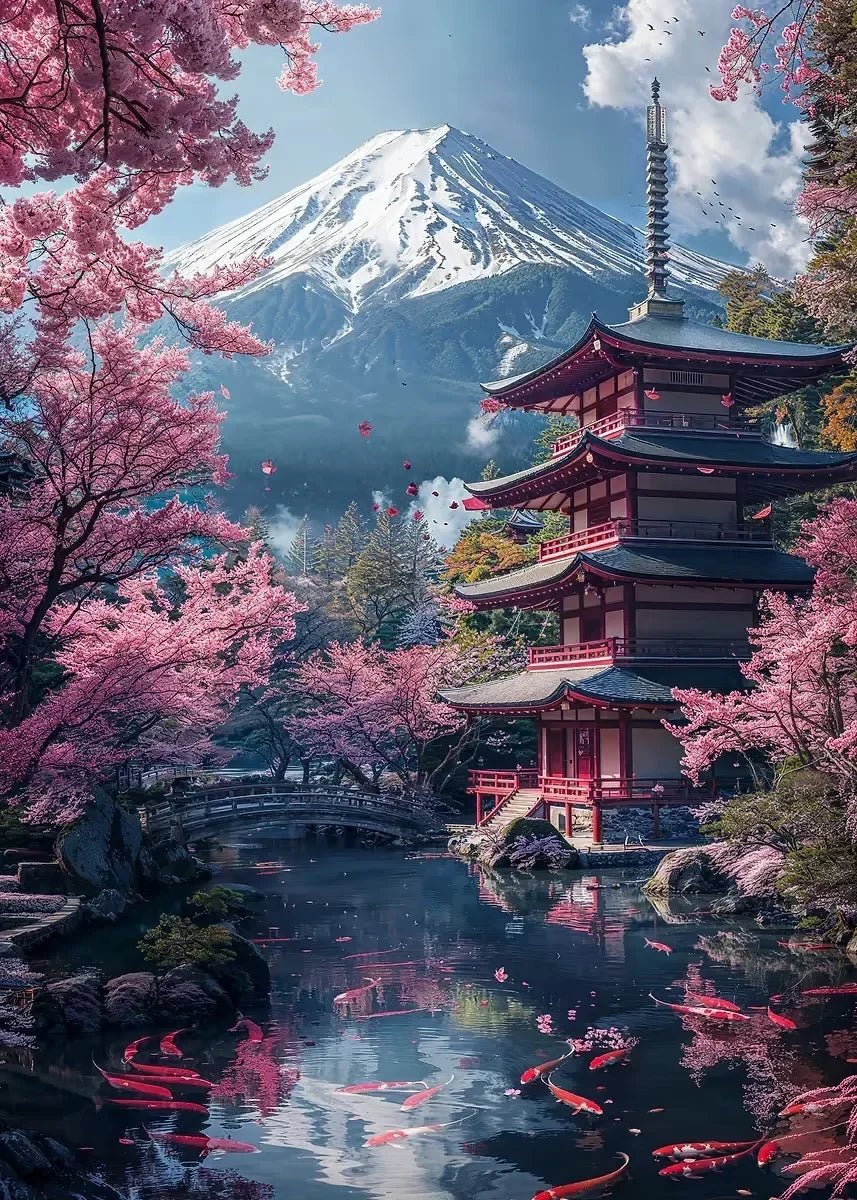 Pink City Asian Travel Japanese Cherry Blossoms At Mount Fuji Poster Light Prints Canvas Painting Wall Pictures Home Room Dec