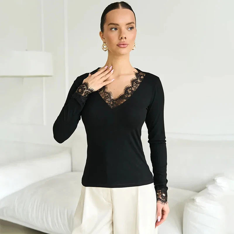 Tornova V neck Lace T shirt Top Women Sexy Navel Exposed Pullover Fashion Splice Hot Girl Club Party Top Autumn New Lady T shirt