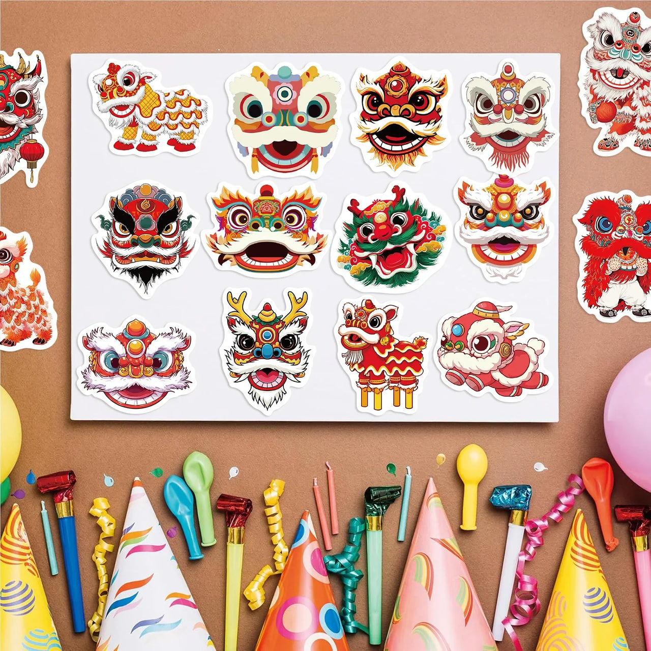 50/100PCS Cartoon New Year Lion Dance Graffiti Stickers - DIY Guitar Notebook Luggage Waterproof Stationery Decorative Stickers