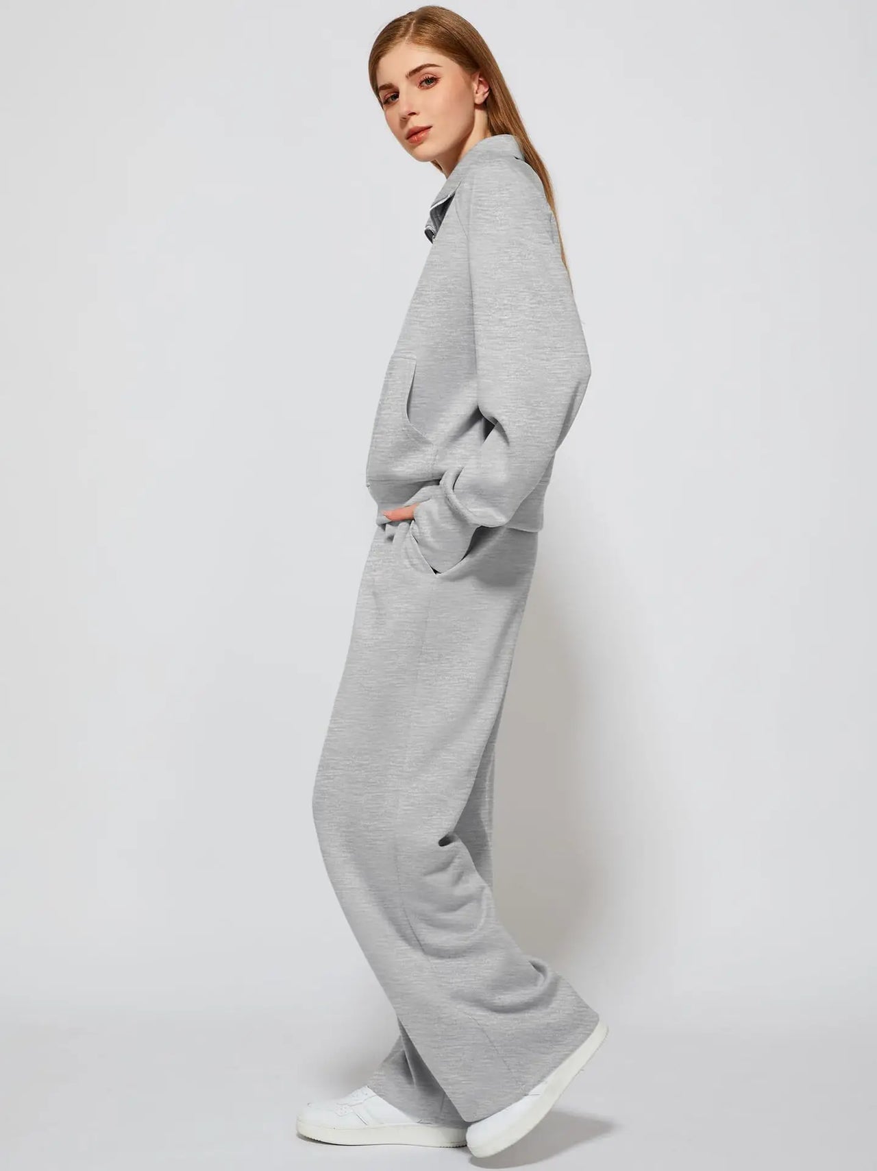 Woman Solid Color Half Zip Long Sleeve Sweatshirt and Wide Leg Pants Set Casual Sporty Two Piece Outfit