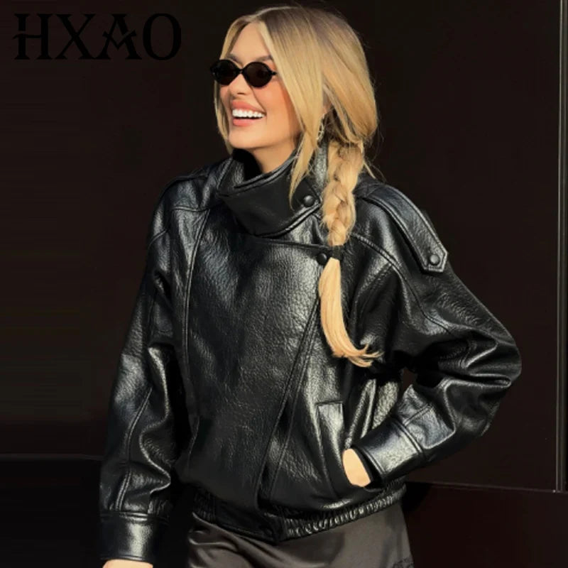 HXAO New Arrival Women's Bomber Jacket Leather Black Jackets Cropped Oversize Outerwears Zip-Up Long Sleeve Coats Outdoor Jacket