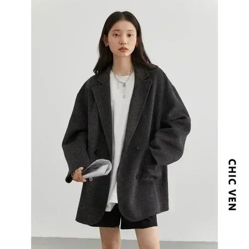 CHIC VEN Women's Woolen Coats Loose Casual Double Breasted Retro Double-sided Jacket Office Lady Outerwear Autumn Winter 2026