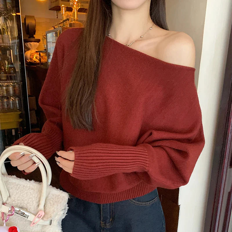 Off Shoulder Knit Top for Women Slash Neck Rib-knit Batwing Sleeve Sweater Pullovers Autumn Winter Korean Fashion Outfit